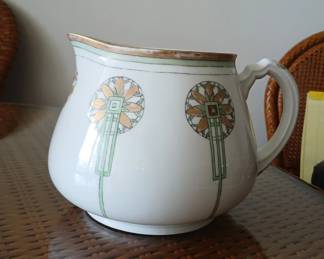Lovely antique Art Deco Limoges pitcher. No chips, although there is some minor wear to the 24 ct gilding. $80.