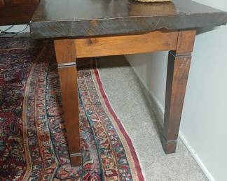 DISCLAIMER: The little wood pegs that originally held the legs to the slab (in compression) deteriorated at some point, and someone replaced them with little sections of #2 pencil! Buyer may want to make new pegs in order to properly secure the connection.