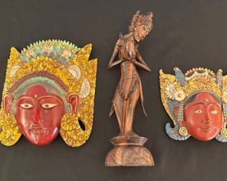 Balinese Carved Statue and Masks