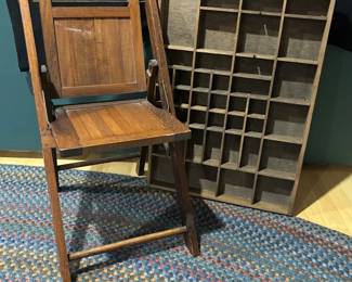 Vintage Letterpress Drawer And Childs Folding Wood Chair