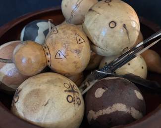 Large Wooden Bowl And Decorative Gords