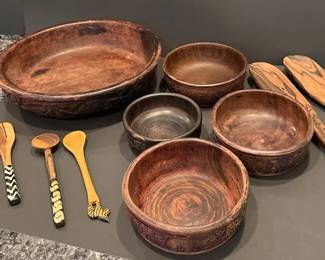 Hand Carved Salad Bowl And Serving Bowls