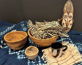 Indigo Dyed Tablecloth And Hand Woven Baskets