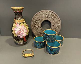 Cloisonn Vase And Napkin Rings