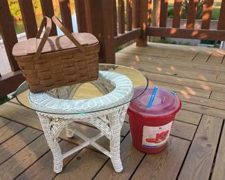 Wicker And Glass Table Picnic Basket And Supplies
