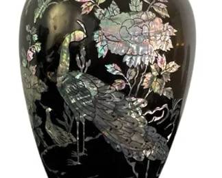 Vintage Black Lacquer Brass Vase With Mother Of Pearl Inlay