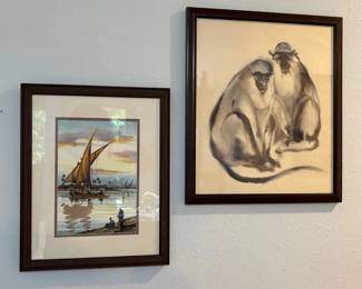 Original Watercolor And Monkey Framed Print