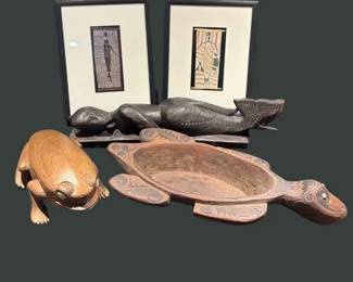 Aboriginal Bark Painting Prints Carved Mermaid Turtle Bowl and Frog