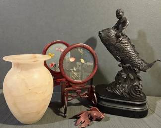 Boy on Fish Metal Sculpture Alabaster Vase Chinese Table Screens