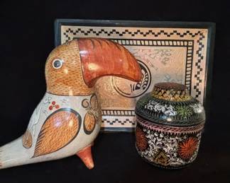 Ceramic Tonala Mexican Bird Carved Tray And Lidded Vessel