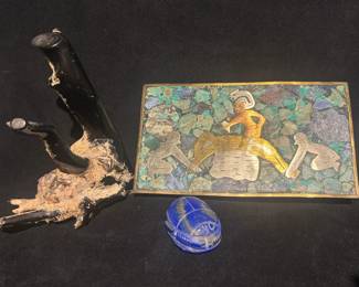 Black Coral Carved Lapis Scarab Mexico Inlaid Box