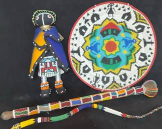 Woven Telephone Wire Basket Ndebele Doll Beaded Snake and Staff