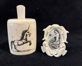 Carved Unicorn and Mermaid Scrimshaw
