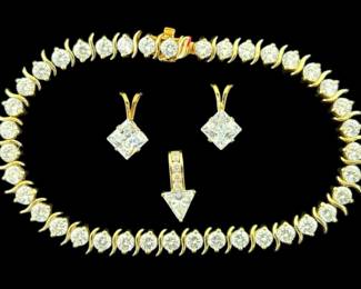 14k Gold Cubic Zirconia Tennis Bracelet and Pendants