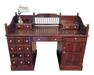 Stained Solid Wooden Desk With Bankers Lamp