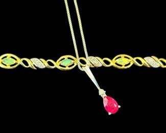 Sterling Silver Synthetic Opal Diamond Bracelet and Sterling Diamond Necklace