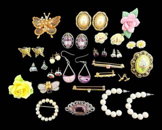 Floral Pins, Earrings, And Brooches