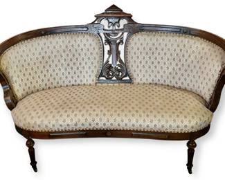 Victorian Style Carved Wooden Upholstered Loveseat