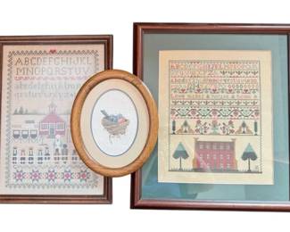 Framed Cross Stitch School Houses Bird