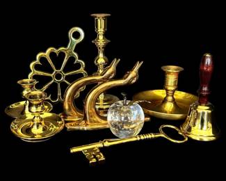 Baldwin Brass Candleholders, Goose Coat Hooks, Trivet, More
