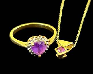 14k Gold Amethyst Diamond Ring Necklace with Amethyst Pendant