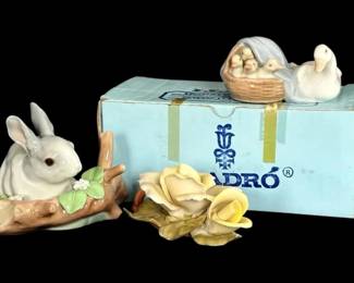Lladro Porcelain Duckling Rabbit Figurine With Capodimonte Flower