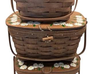 3 Longaberger Baskets With Handpainted Flowers
