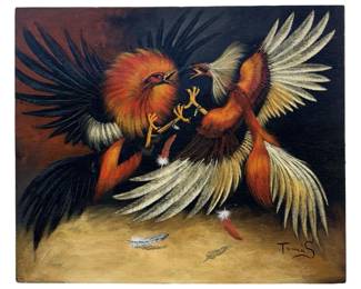 Signed Tomàs Rooster Fight Oil on Wooden Panel