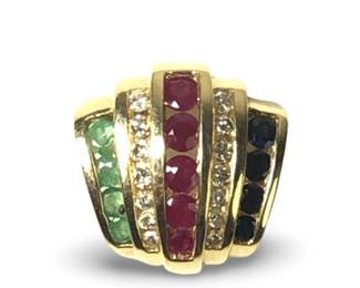 14Kt Yellow Gold Diamond Ruby Emerald Sapphire