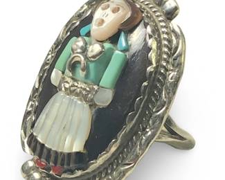 Signed Bev Etsate Zuni Inlay Silver Figural Ring
