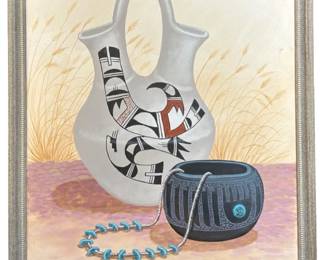 Signed Yellowhair Pottery Still Life Oil on Canvas