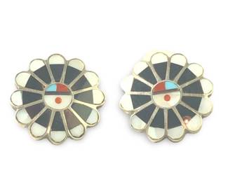 Pair Native American Zuni Sunface Inlay Earrings