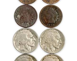 8pc Indian Head Pennies and Buffalo Nickels