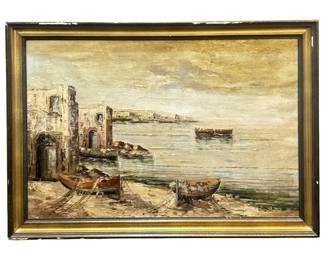 1950 Signed Impressionist Venician Waterfront Oil