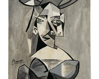 Signed Attributed Picasso Grayscale Mixed Media