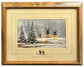 Signed Roger Flythe Winter Gouache Painting