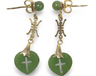 Pair Vintage Green Jade Heart Earrings