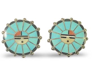 Pair Zuni Sun Face Turquoise Inlay Earrings