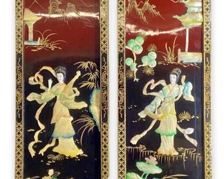 Vintage Lacquer Wood Mother of Pearl Wall Hangings