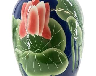 Large Chinese Lotus & Koi Glazed Ceramic Jar