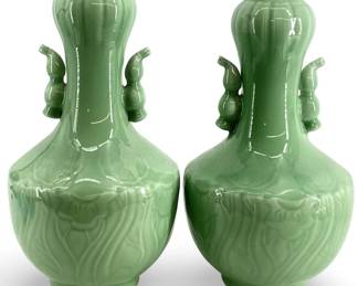 Chinese Marked Longqing Celedon Green Vases