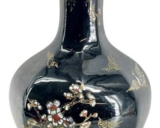 Japanese Hand Painted Black Ceramic Vase