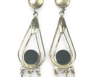 Pair Native American Sterling Silver Onyx Earrings