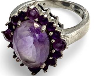 Size 8 Sterling Silver Indian Amethyst Inlaid Ring