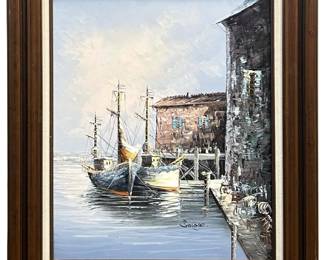 Signed Savage Ocean Dock Oil on Canvas