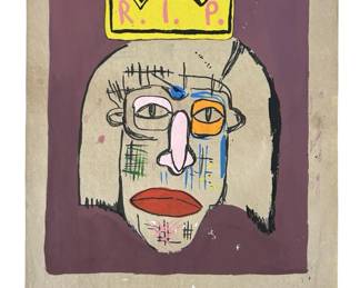 Signed Attributed Basquiat Mixed Media Portrait