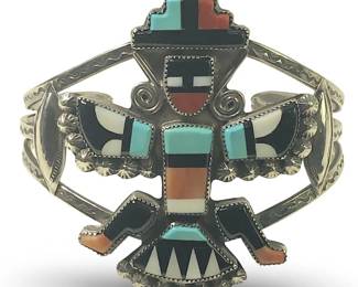 Excellent Vintage Zuni Silver Inlay Cuff Bracelet