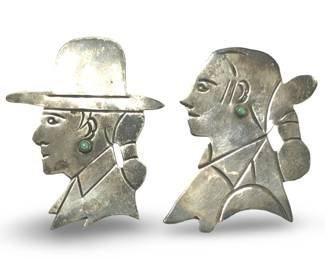 (2) Handmade Native American Silver Cowboy Brooch