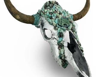 Silver Painted Ammonite Encrusted Cow Skull