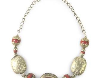 Anne Scott Design Coral Silver Tibetan Necklace